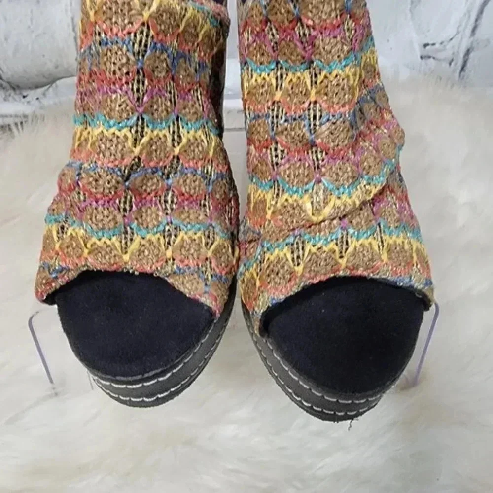 Muk Luks Womens Payton‎ Platform Wedge Sandal Boho Slip On Woven Peep Toe Sz 10